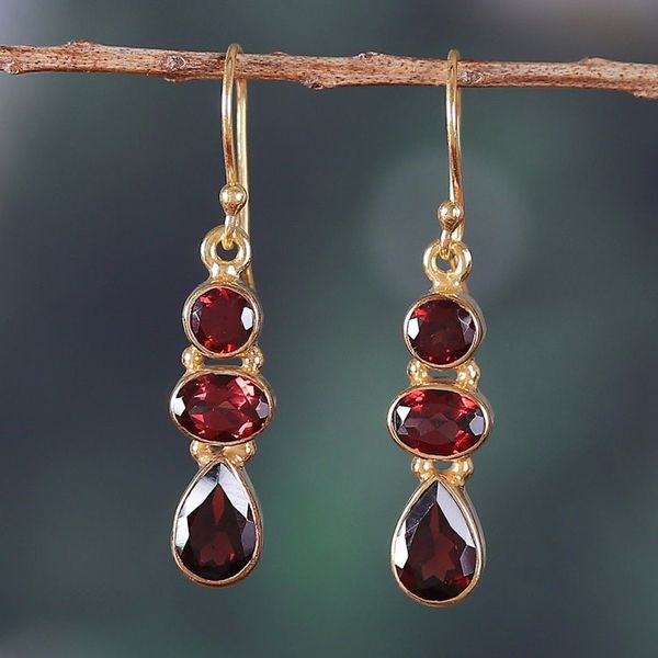 Alternate image for 22k Gold-Plated Dangle Earrings with 6-Carat Garnet Gems Crimson Dazzle