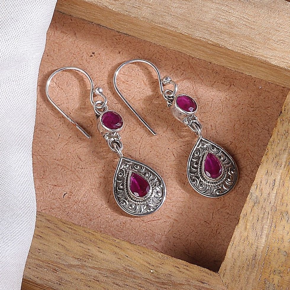 Handmade Two-Carat Ruby and Sterling Silver Dangle Earrings 'Capricious Tears'