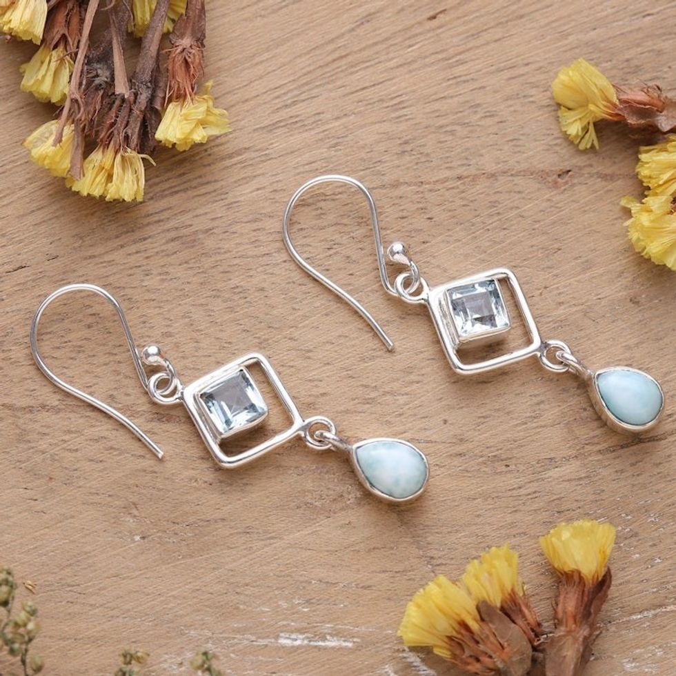 One-Carat Faceted Larimar and Blue Topaz Dangle Earrings 'Duchess' Loyalty'
