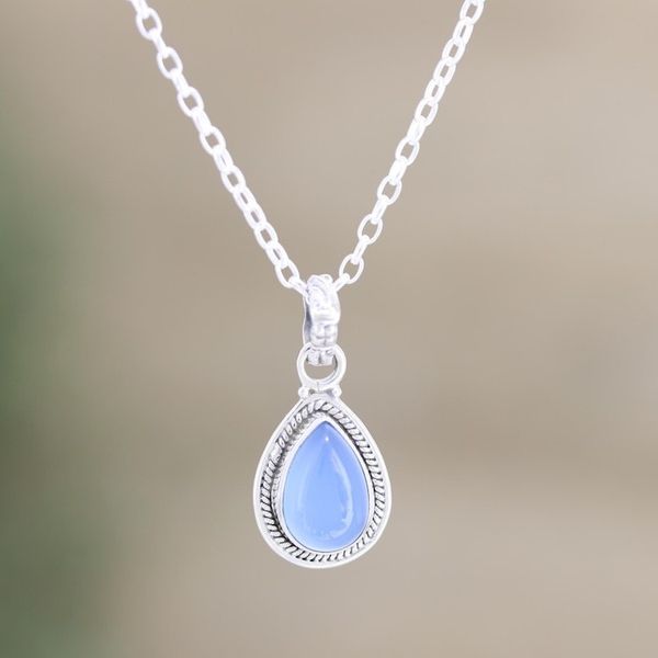 Alternate image for Indian Chalcedony and Sterling Silver Pendant Necklace Halo Effect in Blue