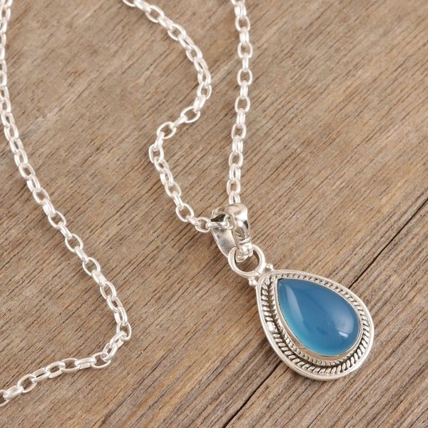 Alternate image for Indian Chalcedony and Sterling Silver Pendant Necklace Halo Effect in Blue