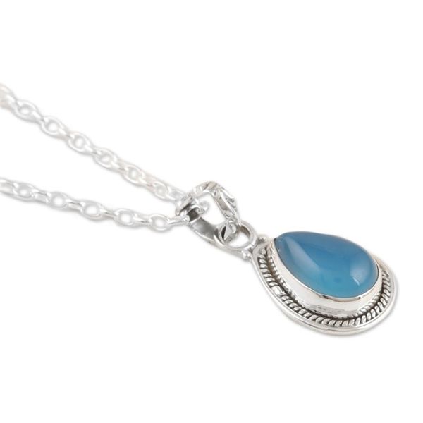 Alternate image for Indian Chalcedony and Sterling Silver Pendant Necklace Halo Effect in Blue