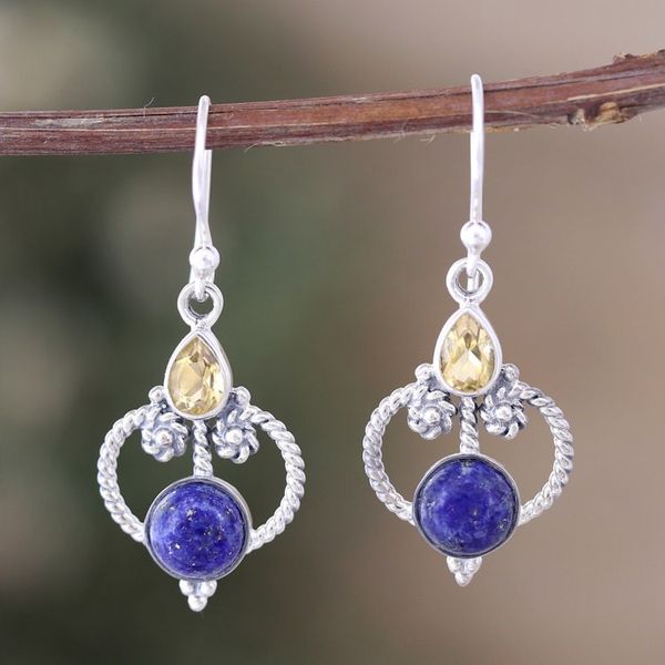 Alternate image for Polished Dangle Earrings with Lapis Lazuli and Citrine Gems Royal Mansion