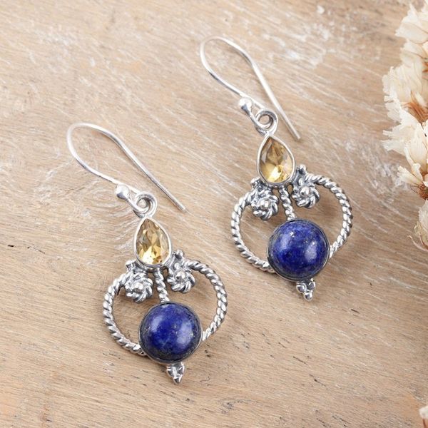 Alternate image for Polished Dangle Earrings with Lapis Lazuli and Citrine Gems Royal Mansion