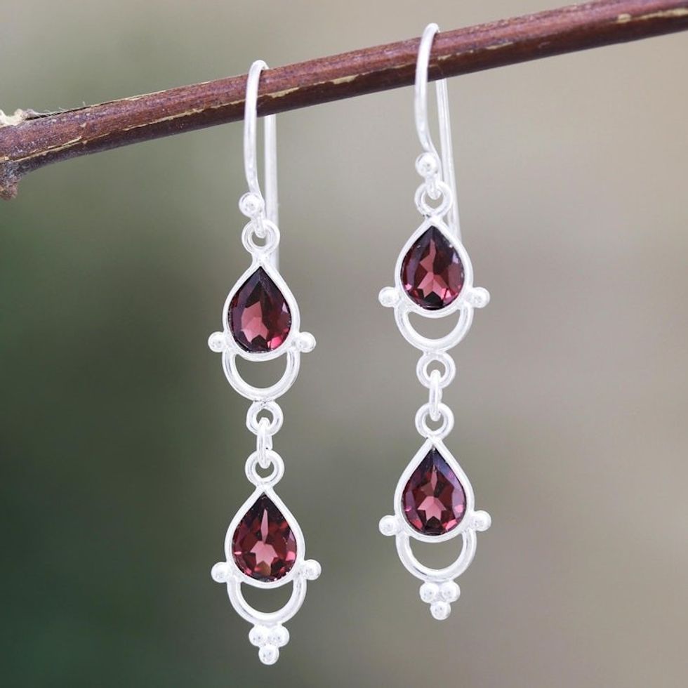 Indian Garnet and Sterling Silver Dangle Earrings 'Gleaming Drop'