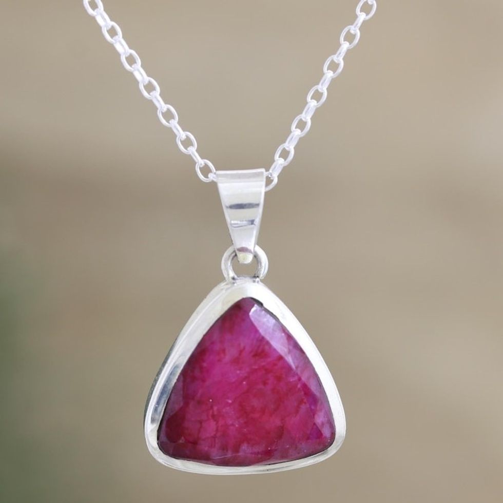 Artisan Crafted Ruby and Sterling Silver Pendant Necklace 'Illuminated in Love'