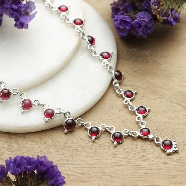Alternate image for Classic Natural Garnet and Sterling Silver Link Necklace Romantic Princess