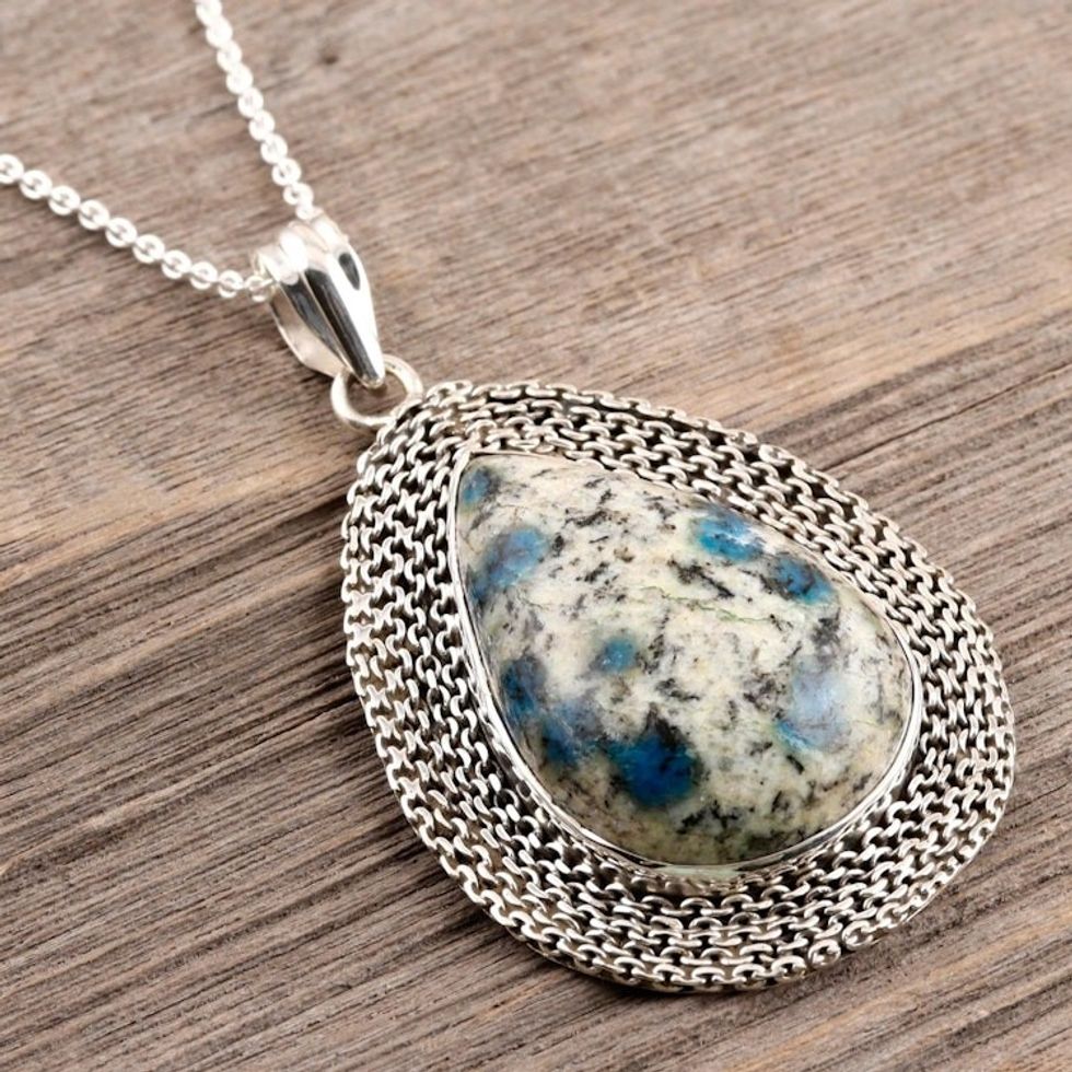 Pear-Shaped Bezel Set Blue Jasper Silver Pendant Necklace 'Appealing Charm'