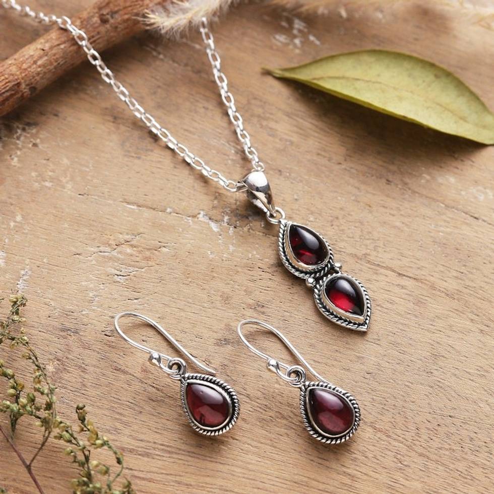 Sterling Silver and Natural Garnet Jewelry Set from India 'Duchess of Passion'