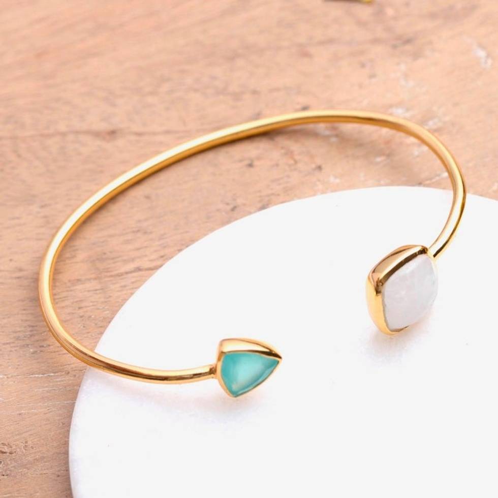 Gold-Plated Rainbow Moonstone and Chalcedony Cuff Bracelet 'Gorgeous Allure'