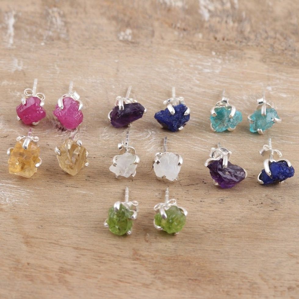 Set of 7 Gemstone Sterling Silver Stud Earrings 'Magical Chants'