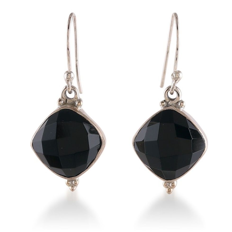 Indian-Made Dangle Earrings with 33-Carat Faceted Onyx Gems 'Mysterious Kiss'