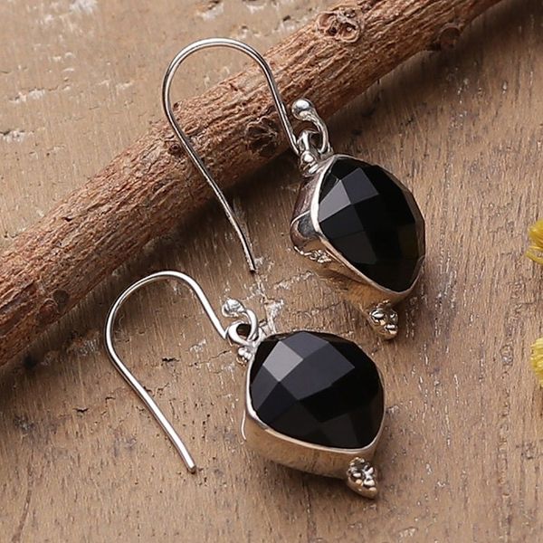Alternate image for Indian-Made Dangle Earrings with 33-Carat Faceted Onyx Gems Mysterious Kiss