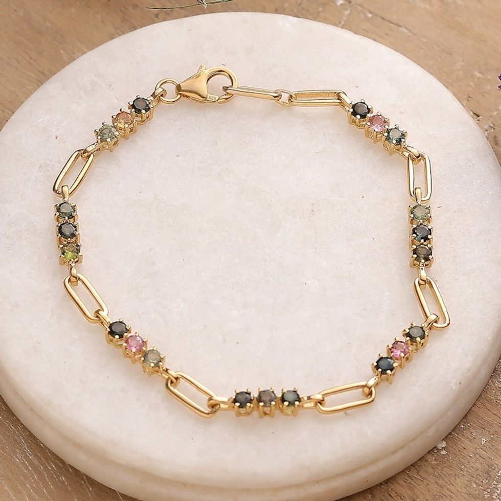 Polished 22k Gold-Plated Two-Carat Tourmaline Link Bracelet 'Colorful Mind'