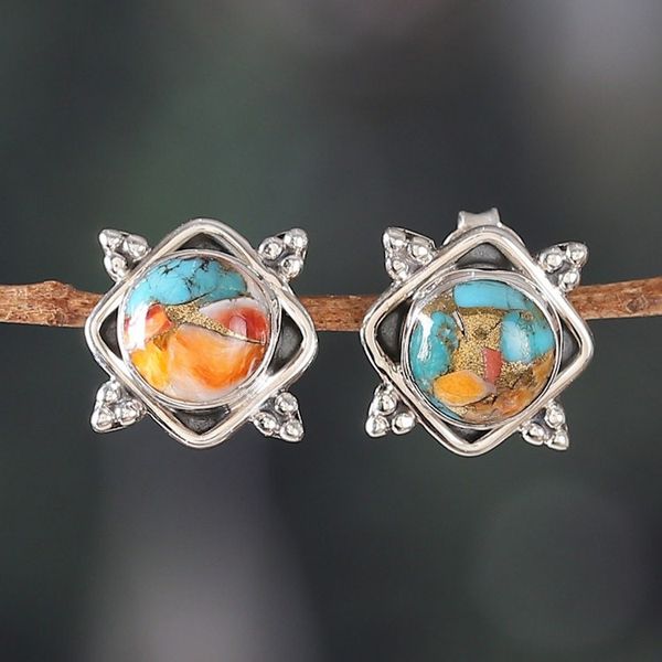 Alternate image for Indian-Made Reconstituted Turquoise Cabochon Button Earrings Paradise Marchioness