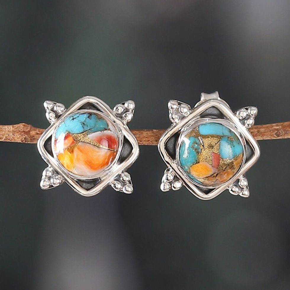 Indian-Made Reconstituted Turquoise Cabochon Button Earrings 'Paradise Marchioness'