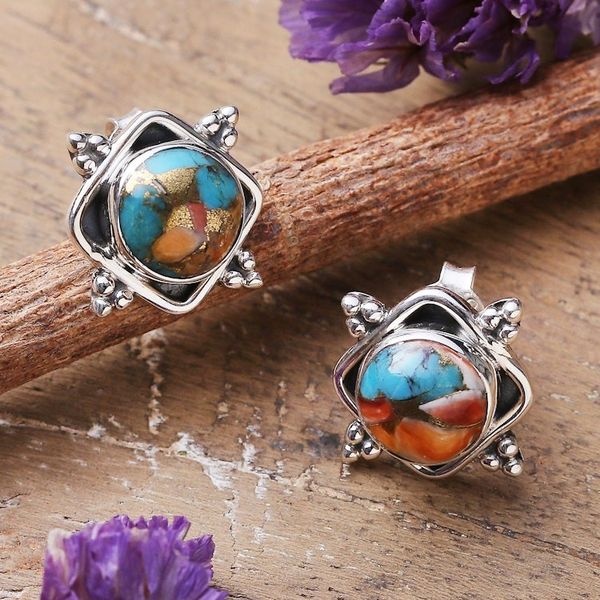 Alternate image for Indian-Made Reconstituted Turquoise Cabochon Button Earrings Paradise Marchioness