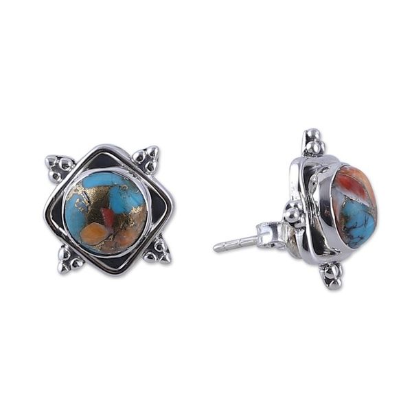 Alternate image for Indian-Made Reconstituted Turquoise Cabochon Button Earrings Paradise Marchioness