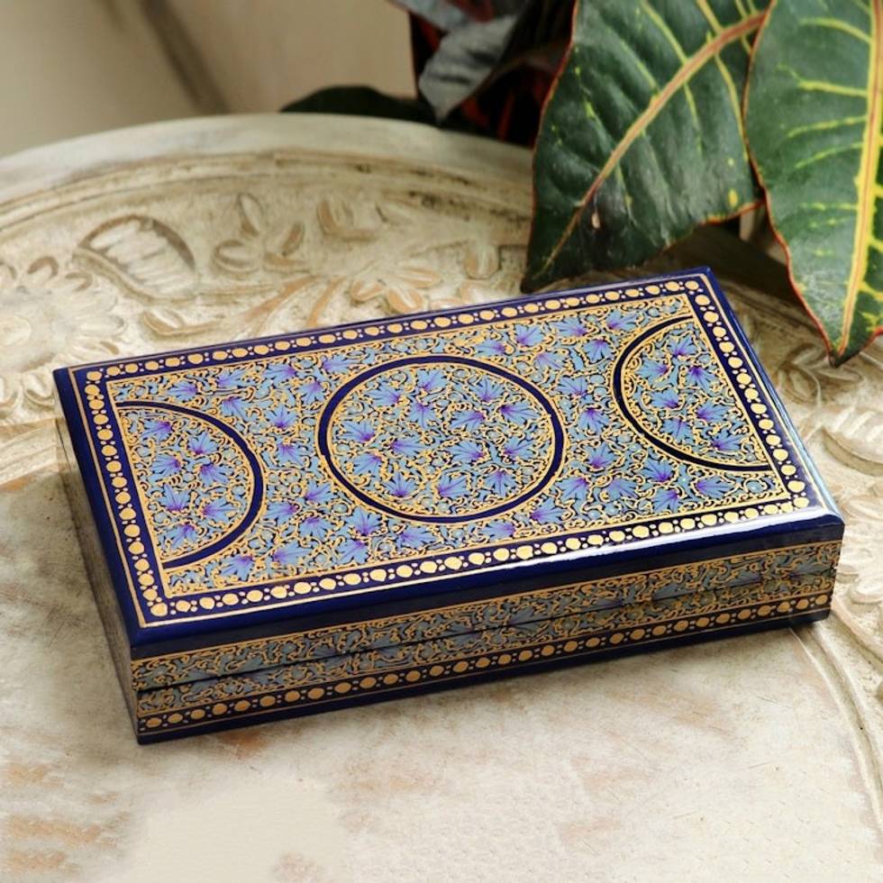 Artisan Crafted Blue and Gold Papier Mache Box 'Kashmir Dynasty'