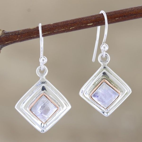 Alternate image for Rainbow Moonstone and Sterling Silver Dangle Earrings Clouded Rainbow