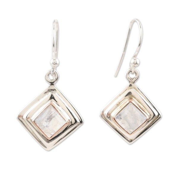 Alternate image for Rainbow Moonstone and Sterling Silver Dangle Earrings Clouded Rainbow