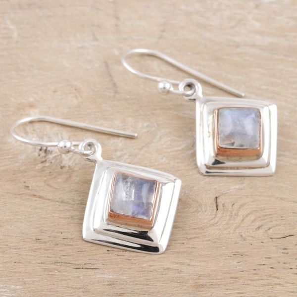 Alternate image for Rainbow Moonstone and Sterling Silver Dangle Earrings Clouded Rainbow