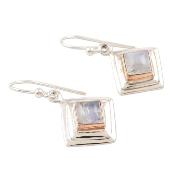 Alternate image for Rainbow Moonstone and Sterling Silver Dangle Earrings Clouded Rainbow