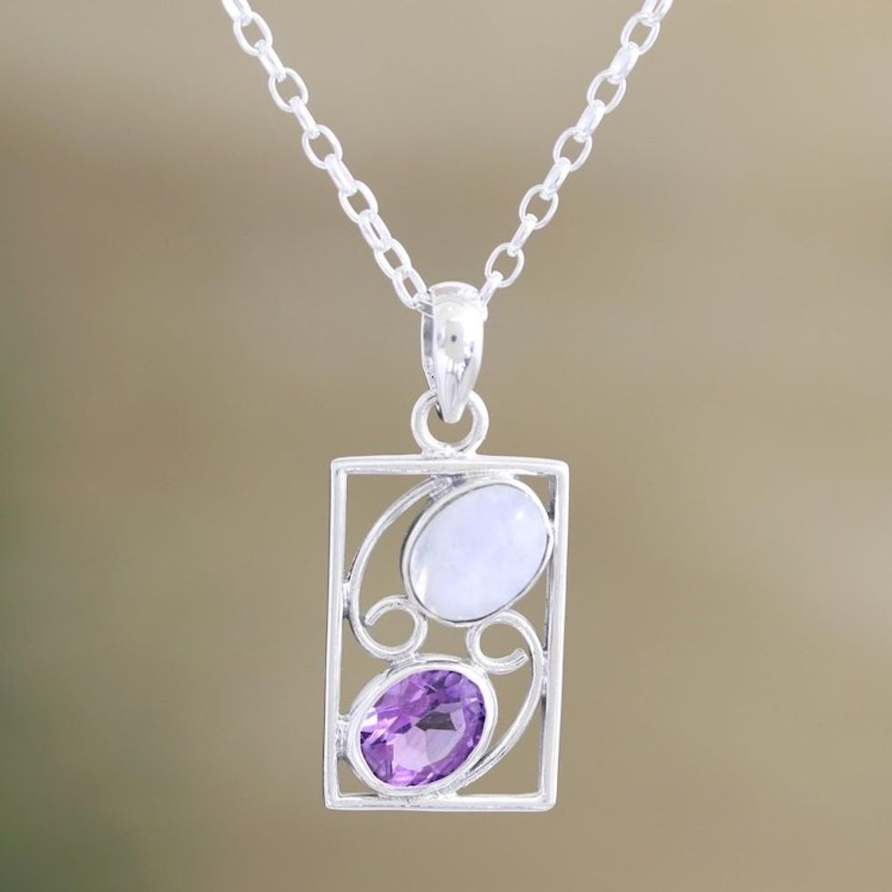 Indian Amethyst and Rainbow Moonstone Pendant Necklace 'Sweet Companions'