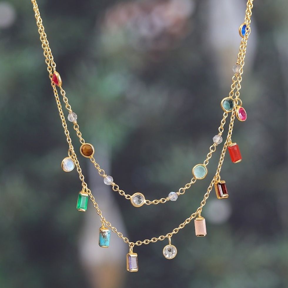18k Gold-Plated Multi-Gemstone Charm Strand Necklace 'Origin Story'