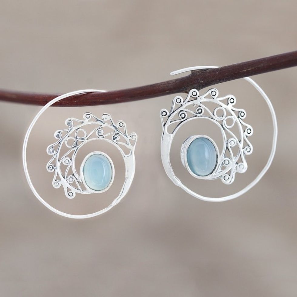 Spiral Drop Earrings with Blue Chalcedony 'Eye of the Peacock'