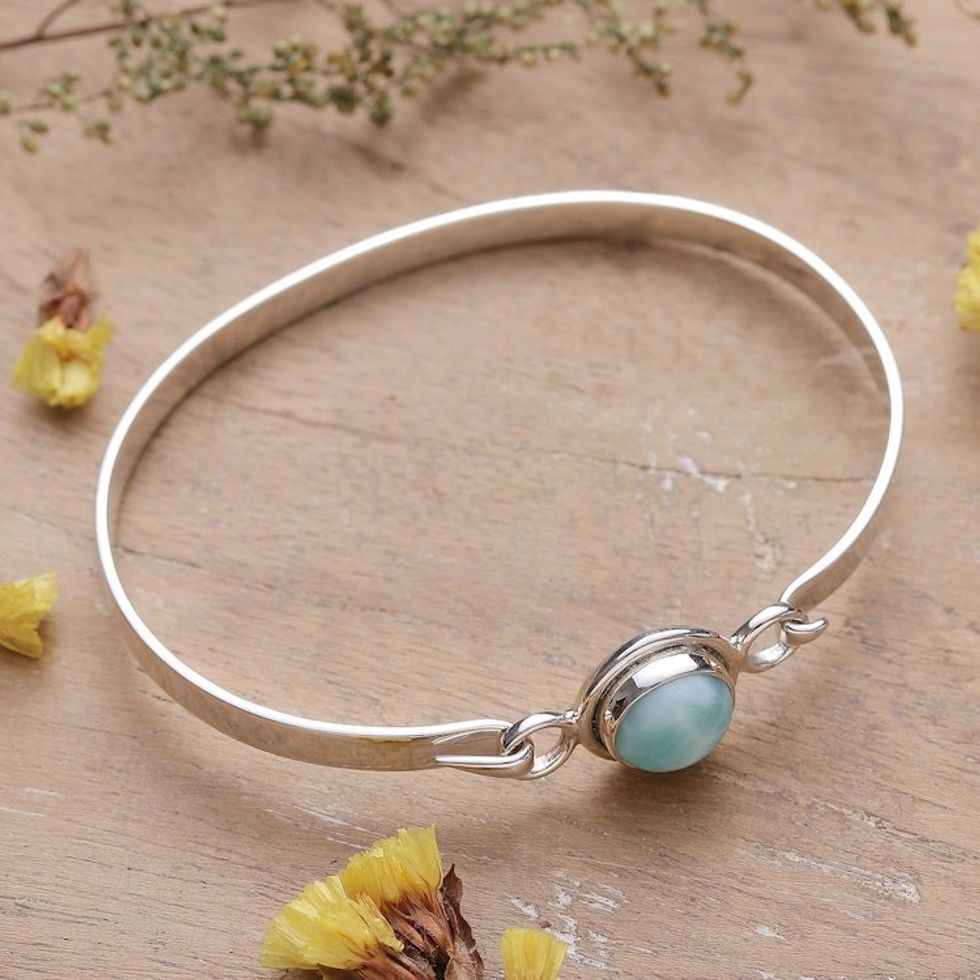 Polished Minimalist Sterling Silver Larimar Bangle Bracelet 'Heaven's Moon'