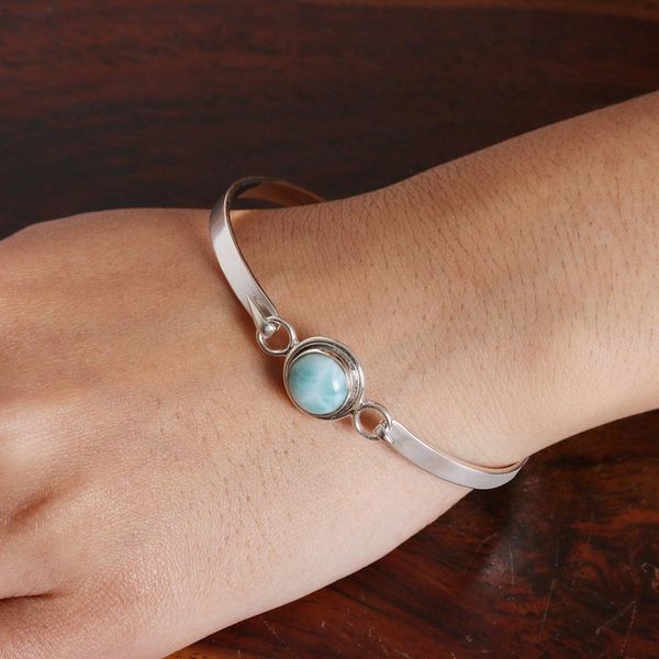 Alternate image for Polished Minimalist Sterling Silver Larimar Bangle Bracelet Heavens Moon