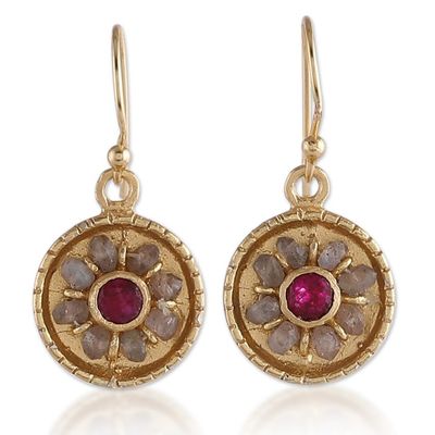 Alternate image for 22k Gold-Plated Quartz and Labradorite Round Dangle Earrings Wheels of Fortune
