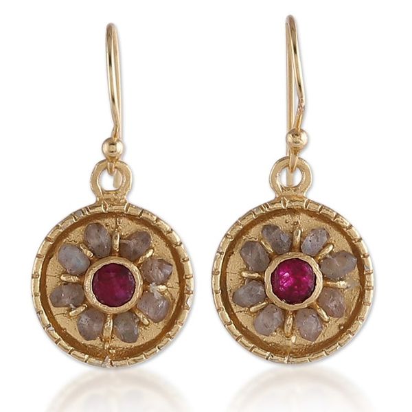 Alternate image for 22k Gold-Plated Quartz and Labradorite Round Dangle Earrings Wheels of Fortune