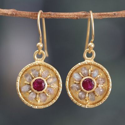 Alternate image for 22k Gold-Plated Quartz and Labradorite Round Dangle Earrings Wheels of Fortune