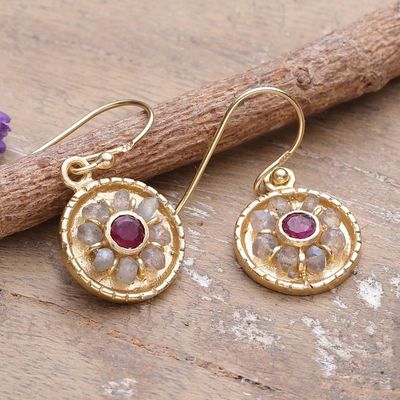 Alternate image for 22k Gold-Plated Quartz and Labradorite Round Dangle Earrings Wheels of Fortune