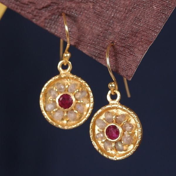 Alternate image for 22k Gold-Plated Quartz and Labradorite Round Dangle Earrings Wheels of Fortune