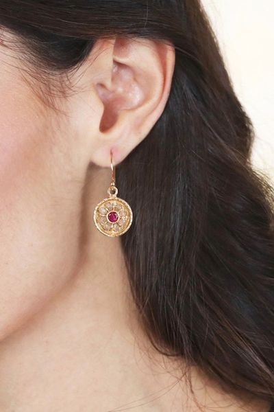 Alternate image for 22k Gold-Plated Quartz and Labradorite Round Dangle Earrings Wheels of Fortune