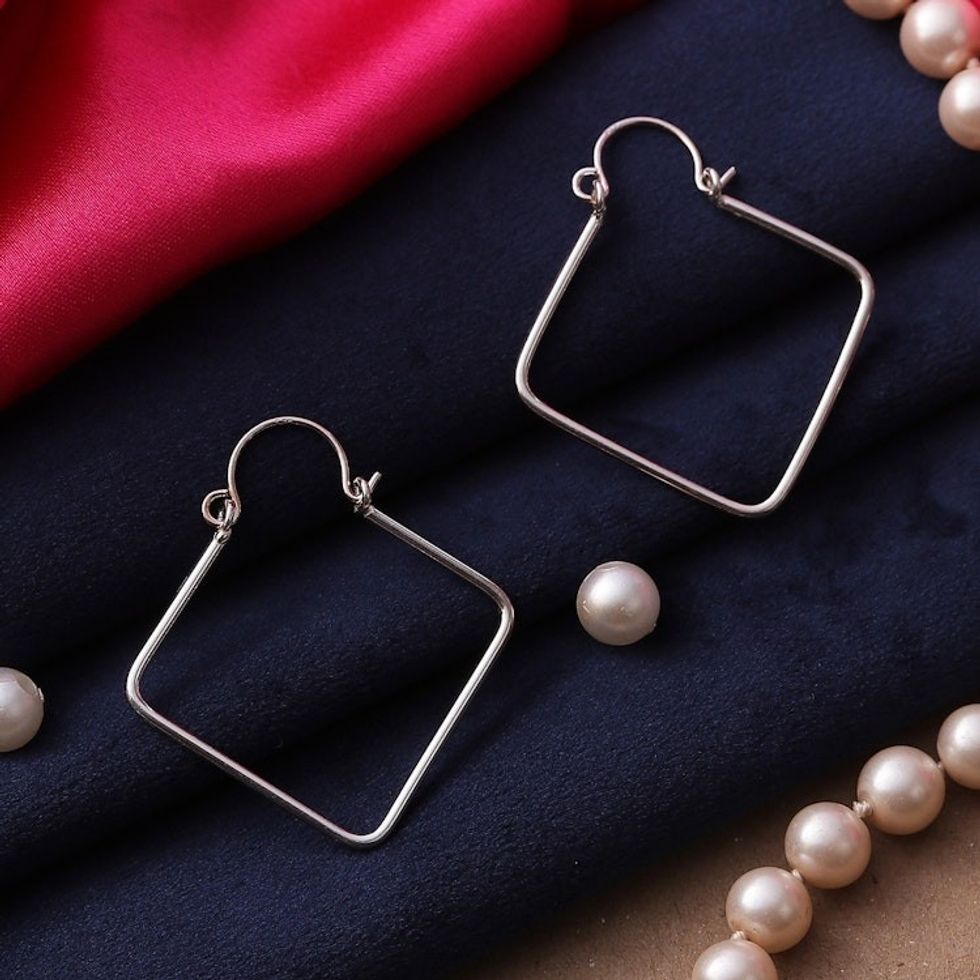 Rhombus-Shaped Sterling Silver Hoop Earrings from India 'Fancy Look'