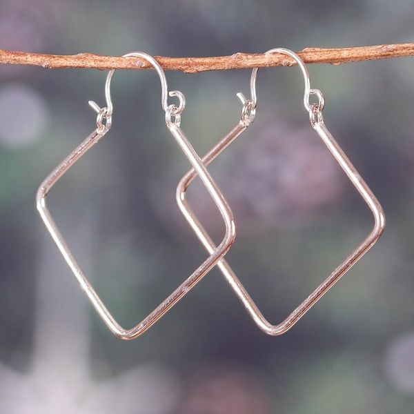 Alternate image for Rhombus-Shaped Sterling Silver Hoop Earrings from India Fancy Look