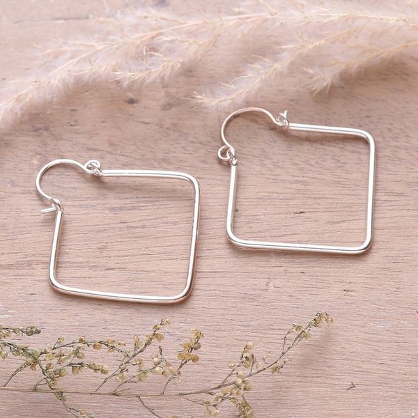Alternate image for Rhombus-Shaped Sterling Silver Hoop Earrings from India Fancy Look