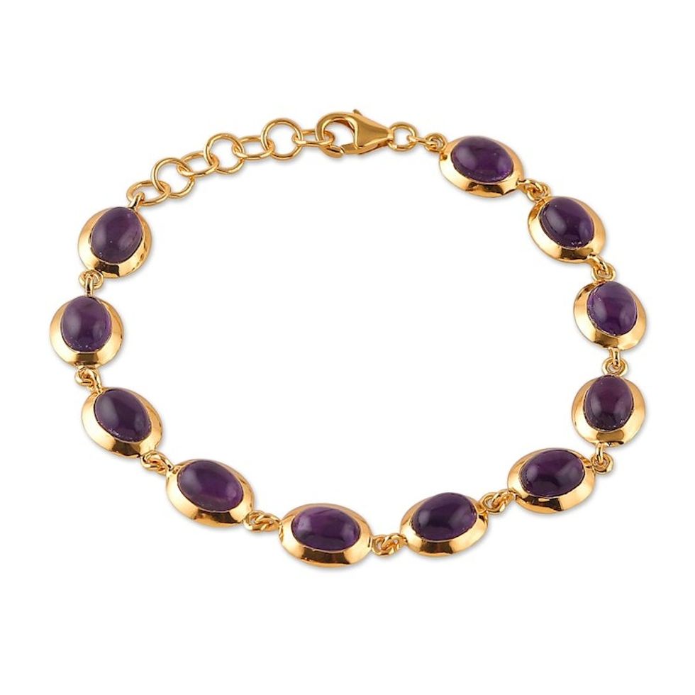 Polished 18k Gold-Plated Amethyst Cabochon Link Bracelet 'Amethyst Grandeur'