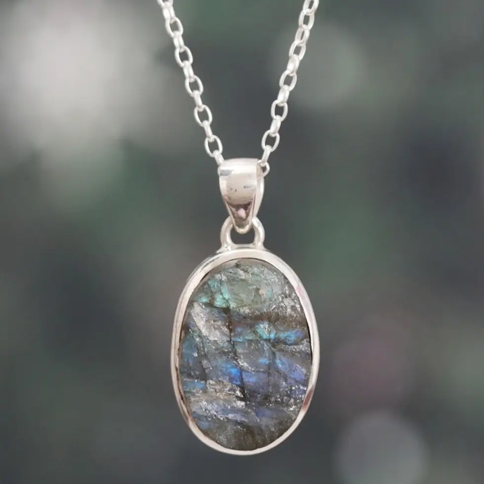 Sterling Silver Necklace with Freeform Labradorite Pendant 'Transformative Spirit'