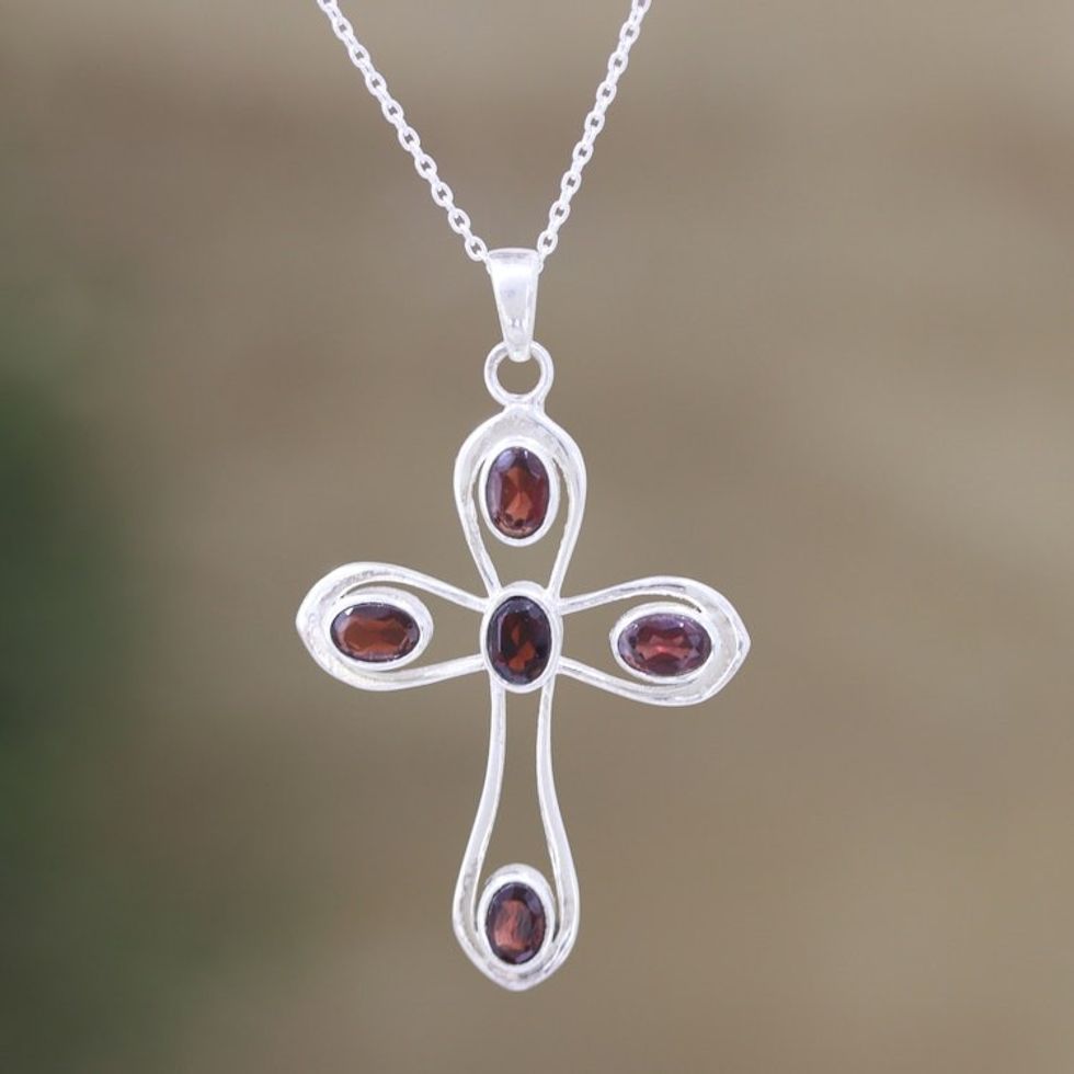 Sterling Silver and Garnet Pendant Necklace with Cross Motif 'High Faith'