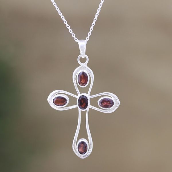 Alternate image for Sterling Silver and Garnet Pendant Necklace with Cross Motif High Faith