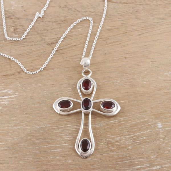 Alternate image for Sterling Silver and Garnet Pendant Necklace with Cross Motif High Faith