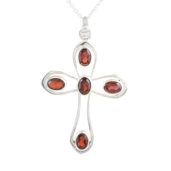 Alternate image for Sterling Silver and Garnet Pendant Necklace with Cross Motif High Faith