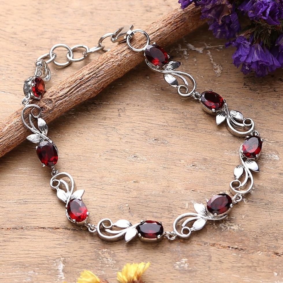 Rhodium-Plated and Eight-Carat Natural Garnet Link Bracelet 'Scarlet Shimmer'