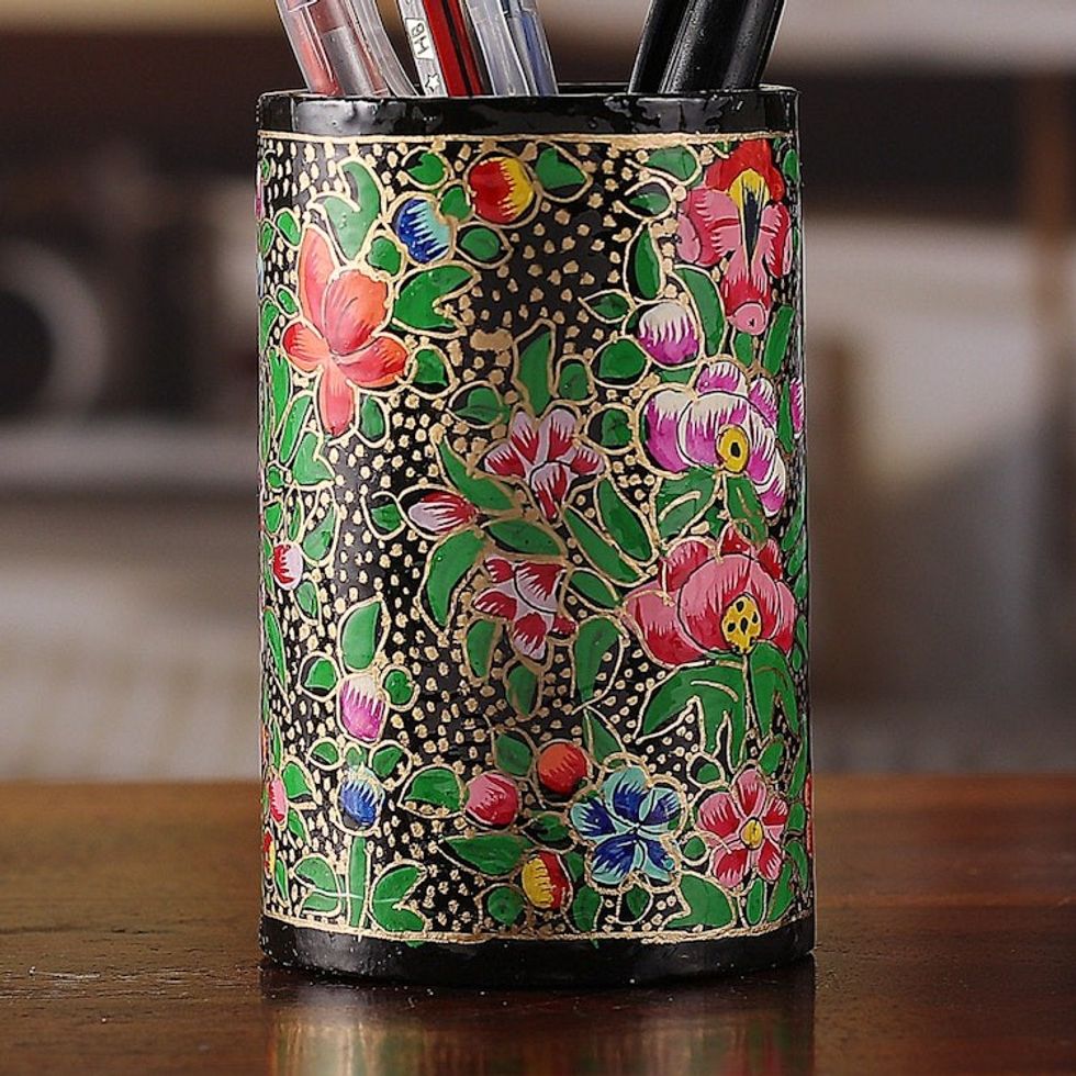 Floral Round Golden Wood and Papier Mache Pen Holder 'Grandeur in Spring'