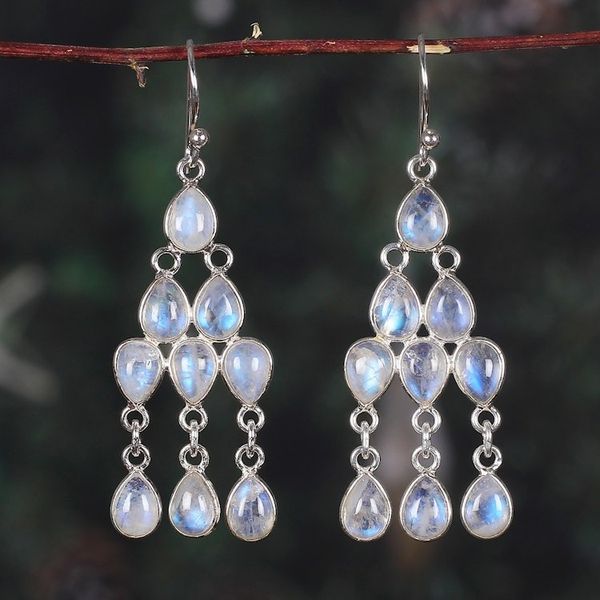 Alternate image for Rainbow Moonstone Silver Chandelier Earrings from India Iridescent Cascade